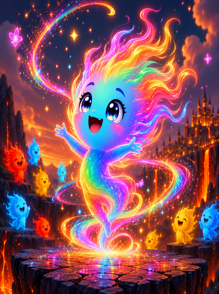 Glimmer, a rainbow-haired magical spark from the Value & Venture story